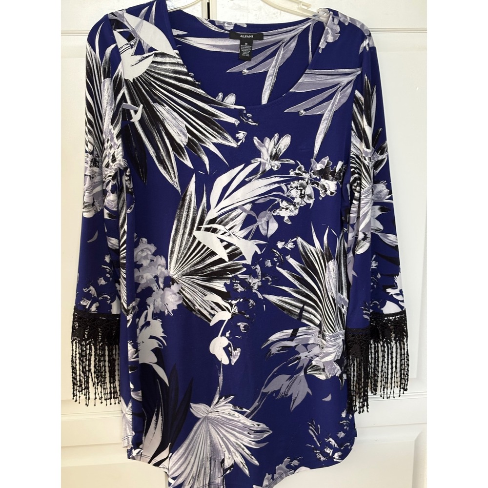 Alfani Womens Blue Tropical Palm Print Fringe‎ Lace Cuff Tunic Blouse Medium